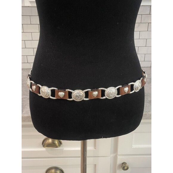 Western Concho Belt Womens Medium Brown Leather Silver Heart Buckle Boho Cowgirl - Picture 1 of 6